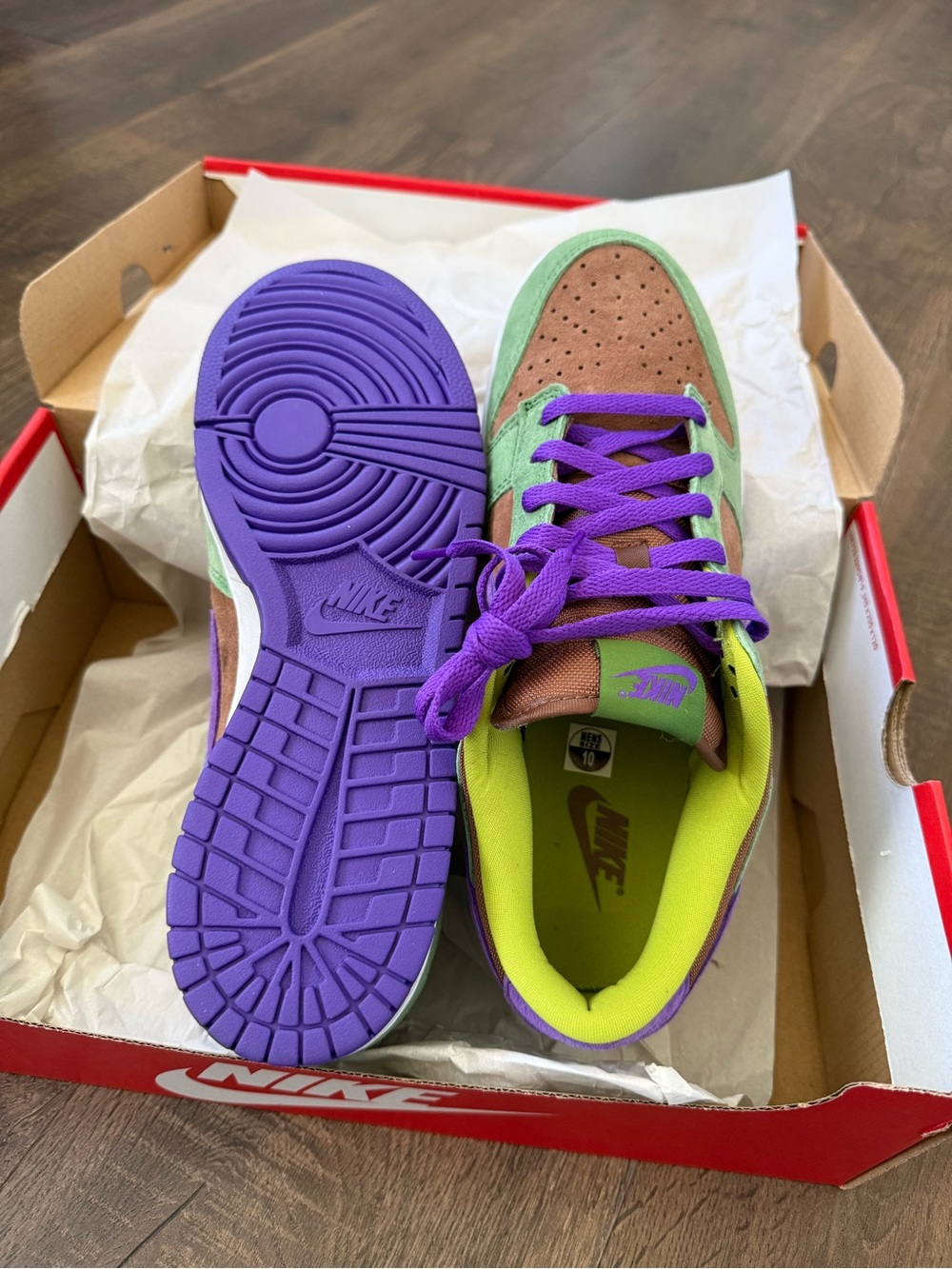 Nike Dunk Low SP Green, Brown & Purple with Neon Yellow Lining - Picture 5 of 6